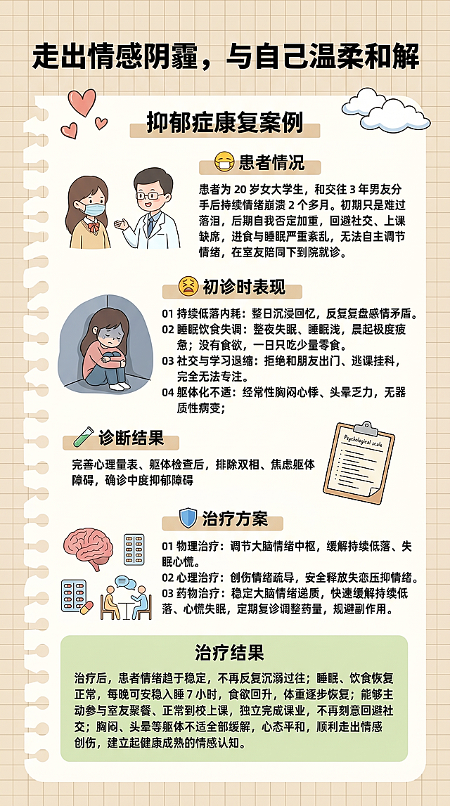 竖版 9:16 社交科普长图，温柔治愈暖调卡通风，浅奶黄色细方格背景，边缘简约波浪纸张边框，整体低饱和浅绿、米黄配色，柔和清新，用于心理科朋友圈情感抑郁案例科普，无多余杂乱元素，底部预留区域放置 logo。
顶部居中醒目粗体大标题：走出情感阴霾，与自己温柔和解
整体纵向分 6 大独立清晰模块，模块之间用细浅绿分割线隔开，布局错落不照搬参考图的插画摆放位置，每个模块标题搭配浅米色色块突出，配简约小巧治愈系卡通插图，插图位置灵活错开，不遮挡文字：
模块 1 加粗小标题：抑郁症康复案例
搭配爱心、云朵小卡通点缀，作为开篇导语区域
模块 2 标题带表情😷患者情况
侧边绘制女生与医生沟通的简约 Q 版插画
文字：患者为 20 岁女大学生，和交往 3 年男友分手后持续情绪崩溃 2 个多月。初期只是难过落泪，后期自我否定加重，回避社交、上课缺席，进食与睡眠严重紊乱，无法自主调节情绪，在室友陪同下到院就诊。
模块 3 标题带表情😣初诊时表现
角落添加抱膝低落女孩卡通图，分 4 点有序罗列：
01 持续低落内耗：整日沉浸回忆，反复复盘感情矛盾。
02 睡眠饮食失调：整夜失眠、睡眠浅，晨起极度疲惫；没有食欲，一日只吃少量零食
03 社交与学习退缩：拒绝和朋友出门、逃课挂科，完全无法专注。
04 躯体化不适：经常性胸闷心悸、头晕乏力，无器质性病变
模块 4 标题带表情🧪诊断结果
搭配简易心理量表手绘小图
文字：完善心理量表、躯体检查后，排除双相、焦虑躯体障碍，确诊中度抑郁障碍
模块 5 标题带盾牌🛡️治疗方案
插画组合：大脑示意图、药盒、心理咨询简笔小人，分三点分行展示：
01 物理治疗：调节大脑情绪中枢，缓解持续低落、失眠心慌
02 心理治疗：创伤情绪疏导，安全释放失恋压抑情绪
03 药物治疗：稳定大脑情绪递质，快速缓解持续低落、心慌失眠，定期复诊调整药量，规避副作用。
模块 6 独立浅淡浅绿色底色区块，标题：治疗结果
整合段落文字：
治疗后，患者情绪趋于稳定，不再反复沉溺过往；睡眠、饮食恢复正常，每晚可安稳入睡 7 小时，食欲回升，体重逐步恢复；能够主动参与室友聚餐、正常到校上课，独立完成课业，不再刻意回避社交；胸闷、头晕等躯体不适全部缓解，心态平和，顺利走出情感创伤，建立起健康成熟的情感认知。
画面硬性要求
整体板块逻辑顺序不变，但插画摆放、图文左右布局与参考 ADHD 案例图区分开，不做同款对称排版；
文字层级分明：主标题最大，板块小标题加粗醒目，正文字体柔和清晰；
卡通画风统一温柔，无暗黑压抑画面，适配青少年情感心理科普；
留白充足，文字不拥挤，整体干净清爽，无水印、无多余装饰。
精简短指令（快速生成）
9:16 竖版情感抑郁康复科普长图，奶黄色方格纸张手绘卡通风，暖温柔配色。标题：走出情感阴霾，与自己温柔和解。
纵向保留六大清晰板块：抑郁症康复案例、患者情况、初诊表现、诊断结果、治疗方案、治疗结果，每个板块配小型治愈卡通插图，图文排版错落，不和参考多动症案例图布局完全一致，完整使用全部给定文案，底部预留 logo 文字区。「图片1」