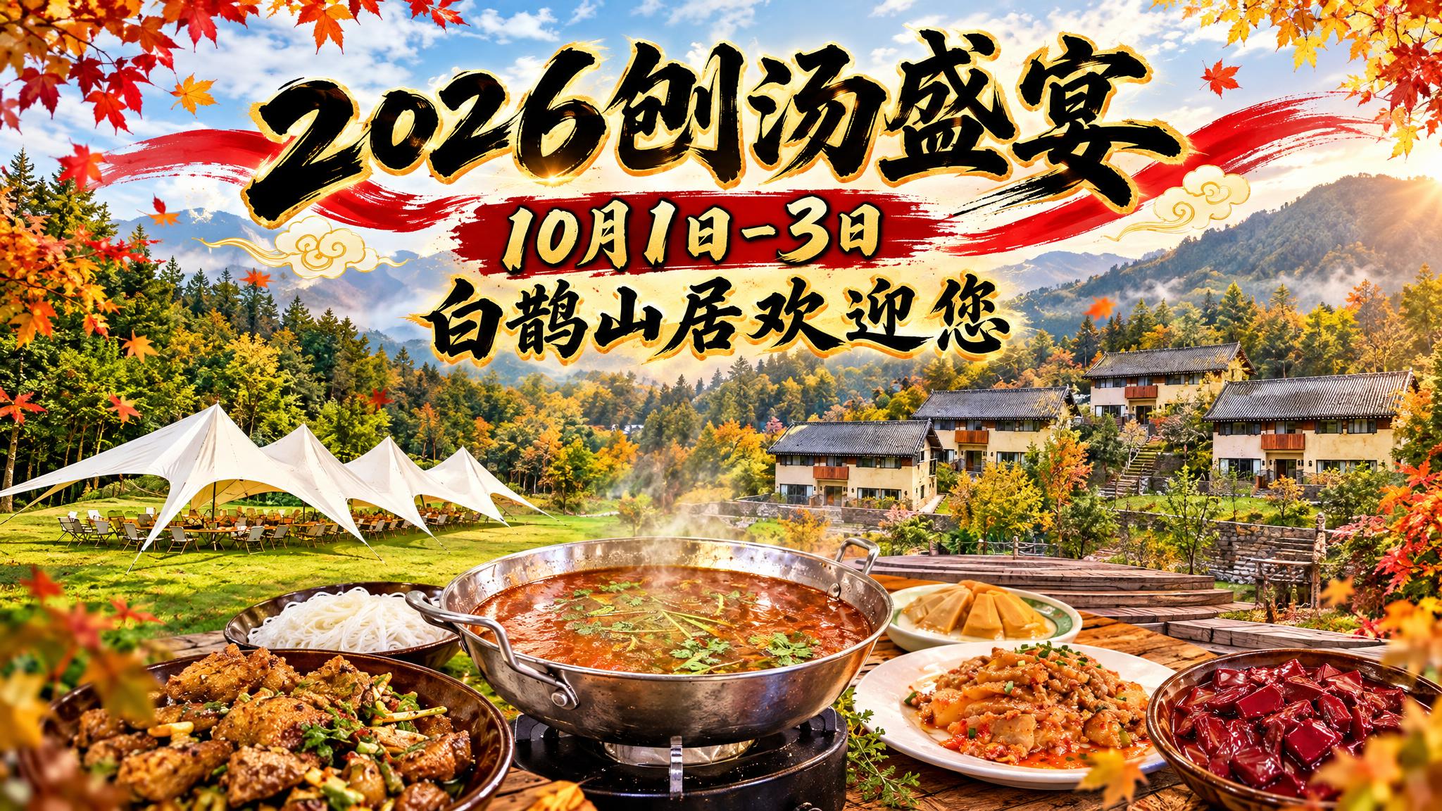 抖音横屏视频封面图，以白鹊山居真实环境为背景，融合山林草坪白色… - 图片创意预览