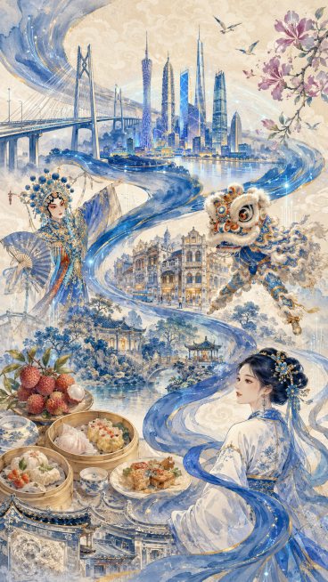 9:16竖版海报，宣纸浅米白底，布满淡淡的岭南暗纹云纹底纹，蓝色水墨飘带从左上蜿蜒贯穿全图串联景物，蓝调水彩+细鎏金描边，柔和轻奢质感；从上至下分层：上层港珠澳大桥、广州珠江新城、深圳CBD等大湾区现预览效果