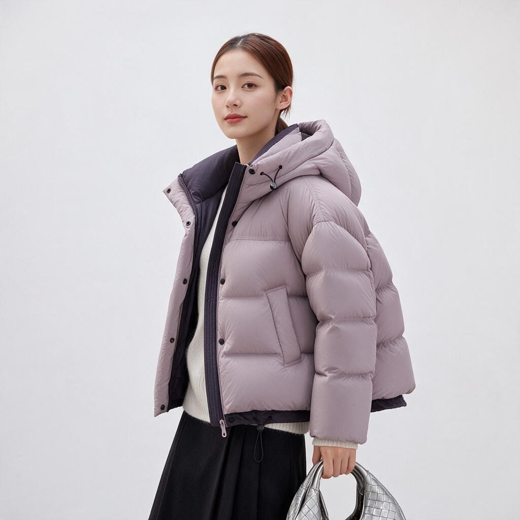 商业服装摄影，年轻东亚女生，保留原图模特五官和身形，身穿灰紫色… - 图片创意预览