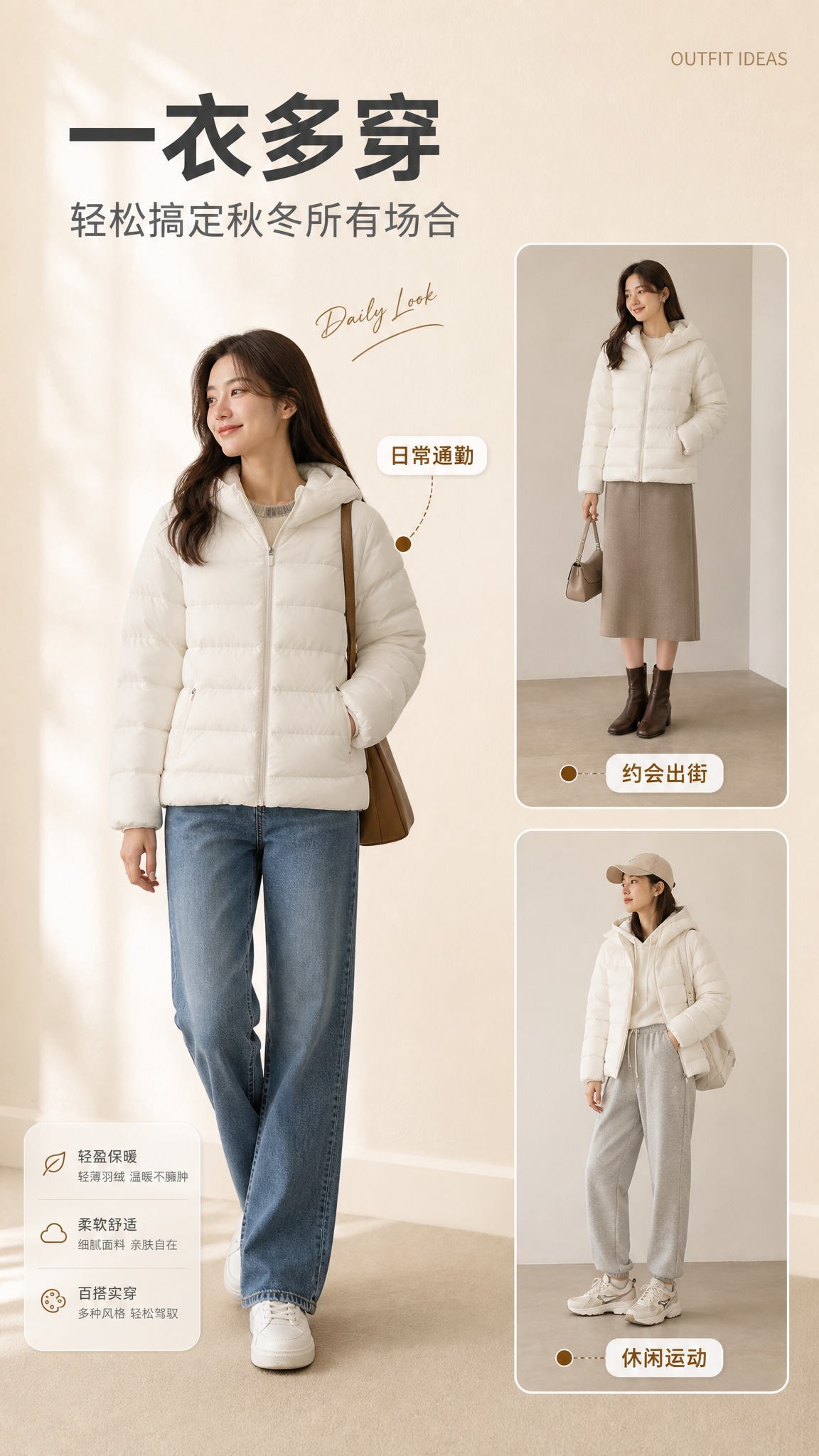 [商品] 使用【图1】奶白色连帽短款轻薄羽绒服；商品处理：保留… - 图片创意预览