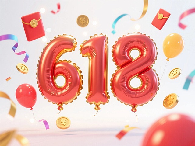 “618”造型的三个气球字，文字红金色，四周有漂浮在彩带、金币、红包和气球，亮色背景