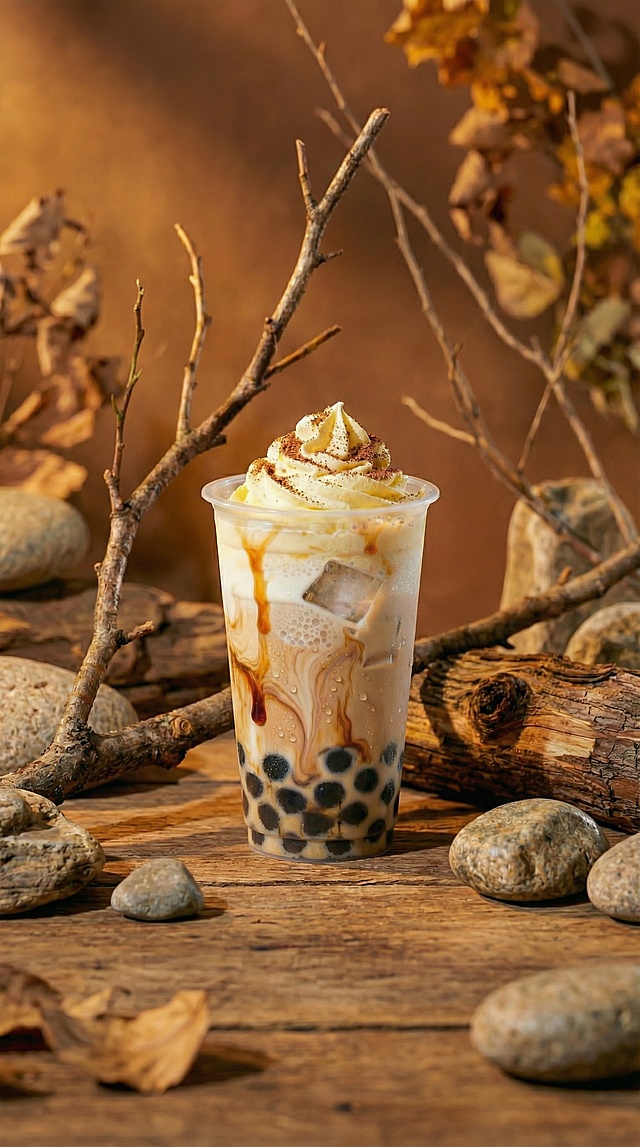 复古中式风，木质纹理与枯枝落叶营造质朴实景感，暖光晕染出温馨氛围，液态焦糖流淌如画，轻拟物设计融合木雕质感，秋日静谧诗意。