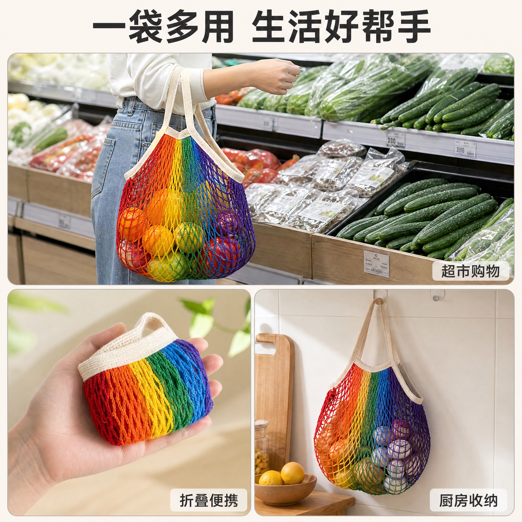 [主图-4] 1688平台场景使用图，展示彩虹棉网购物袋在超市… - 图片创意预览
