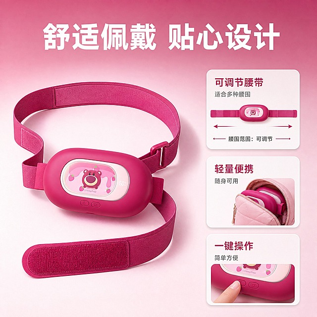 [主图-6] 规格与佩戴展示 展示产品可调节腰带和适用人群 帮助用户做购买决策。
[统一基调] 京东品质感 简洁稳重 玫红与粉色为主色系 白色主标题字 浅粉色辅助字 玫红色强调色 无衬线粗体标题字 圆角卡片组件 文字占比小于30% 一图一重点。
[画面] 画面左侧展示产品完整平铺视角 包括可调节的腰带织带全部展开 展示腰带的整体长度和魔术贴调节结构 腰带主体玫红色 两侧织带同色系 右侧用信息卡片形式展示三个购买决策点 卡片1 可调节腰带 适合多种腰围 配腰围范围示意 卡片2 轻量便携 随身可用 配产品放在小包包里的小图 卡片3 一键操作 简单方便 配手指按按键的特写小图 背景为浅粉色到白色渐变 干净清爽 产品平铺有自然的弧度和阴影。
[光影质感] 影棚顶光柔光 产品平铺光影均匀 材质纹理清晰 织带纹理可见 魔术贴细节真实 卡片有轻微浮起阴影。
[配色] 浅粉白渐变背景 产品玫红色 白色信息卡片 玫红色卡片标题 浅灰色说明文字 整体干净清爽。
[文字版式] 上方主标题 舒适佩戴 贴心设计 右侧三个竖向排列的圆角信息卡片 每张卡片有图标 标题和短说明 文字左对齐 层级清晰。
[输出要求] 1:1正方形 2048x2048 产品结构清晰 文字清晰可读 无错字 无杂乱元素 无水印 无京东Logo 禁止虚构尺寸数据 禁止产品变形。