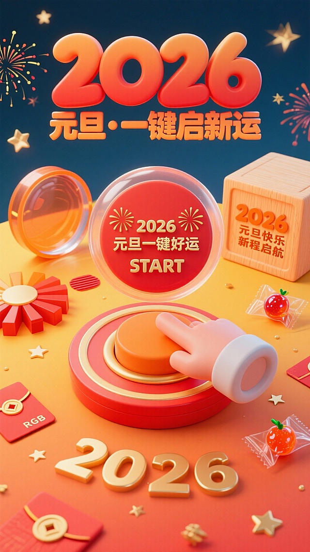 软3D风格融合塑料与玻璃质感，卡通手按动启动按钮，喜庆红金配色营造节日氛围，重拟物设计呈现元旦2026一键启新运主题。