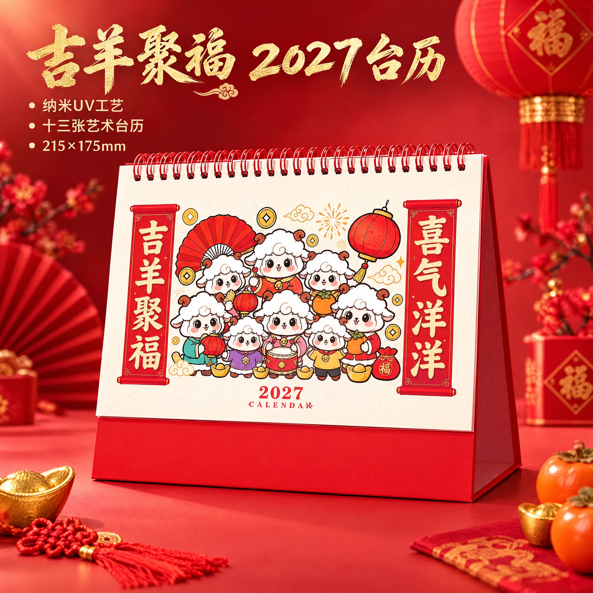 生成吉羊聚福款台历主图。国潮卡通风格，大红色渐变背景，喜庆热闹… - 图片创意预览