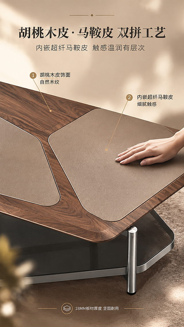 [商品] 使用【图1】右侧异形茶几（胡桃木皮+马鞍皮台面款）；保留异形几何形状、胡桃木皮颜色纹理、马鞍皮嵌线工艺、不锈钢支脚、下层玻璃结构；商品处理：增强胡桃木皮木纹质感和马鞍皮皮革纹理，使嵌缝工艺更清晰精致，不改变异形台面形状。
[画面] 目标：展示胡桃木皮+内嵌超纤马鞍皮工艺细节。构图：上文下景，顶部约1/5为标题区，下方约4/5为异形几台面特写；异形几台面占画面约60%，微俯视角度，清晰展示马鞍皮与胡桃木拼接的内嵌工艺细节；一只手轻轻抚摸马鞍皮表面，体现触感温润；背景为暖棕色渐变+柔和光斑；画面角落可见不锈钢支脚局部。
[视觉] 套系策略：风格=意式轻奢高级商业摄影；标题字=现代极简衬线粗体；正文字=简洁无衬线体；主色=暖米白+浅灰棕；背景延展=基于暖米白做深浅层级、同色渐变和细腻哑光质感；强调色=古铜金，仅用于小面积图标、引线和标签；标题色=深炭灰；正文色=中暖灰；组件=细线信息卡、细引线、圆形序号标；光影=右前侧暖柔光，柔和自然阴影。
[文字] 顶部标题区：主标题「胡桃木皮·马鞍皮 双拼工艺」（10字），副标题「内嵌超纤马鞍皮 触感温润有层次」（14字）；画面中用细引线标注两处细节：「胡桃木皮饰面 自然木纹」、「内嵌超纤马鞍皮 细腻触感」；底部小字补充「18MM板材厚度 坚固耐用」。
[规格] 图片比例9:16竖版，4K分辨率，淘宝/天猫平台适配；负向提示：避免变形、错字、文字过小、冷蓝背景、工艺细节失真、极限词。
