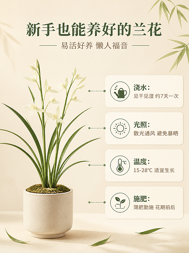 [商品] 使用【图1】白玉素兰花；保留奶白偏黄绿素心花瓣、黄色花蕊、长绿花茎、细长翠绿叶片；兰花植株完整呈现，栽种于简约花盆中。
[画面] 第5张·养护指南页；目标：说明易活好养，降低购买决策门槛；构图为左图右文，左侧占画面50%为完整兰花盆栽，右侧为4项养护要点图标+文字；背景为浅米色渐变，底部点缀几片飘落的兰叶。
[视觉] 套系策略：风格=东方雅致新中式商业摄影；标题字=宋体衬线粗体；正文字=简洁无衬线体；主色=米白暖杏；背景延展=基于米白暖杏做深浅层级、同色渐变和宣纸/哑光质感；强调色=墨绿，仅用于小面积图标、引线和标签；标题色=深墨绿；正文色=暖灰棕；组件=圆角浅底信息卡、细线引线、竹叶装饰元素；光影=左前侧暖柔光，均匀明亮。
[文字] 顶部主标题"新手也能养好的兰花"，副标题"易活好养 懒人福音"；右侧4项养护要点横排文字："浇水：见干见湿 约7天一次"、"光照：散光通风 避免暴晒"、"温度：15-28℃ 适宜生长"、"施肥：薄肥勤施 花期前后"；每项配简约线条图标；所有文字横排，清晰易读。
[规格] 图片比例3:4竖版，4K，medium质量；避免变形、错字、文字过小、冷蓝背景、花朵失真、出现二维码或平台Logo。