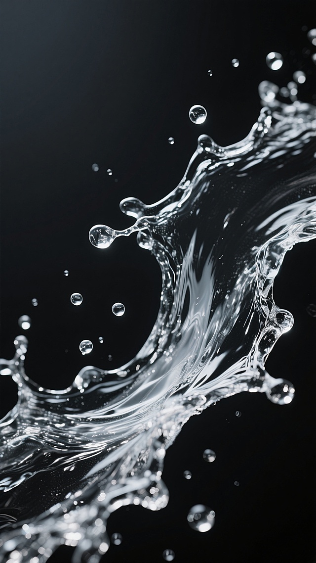 一张高质量的水背景图片，纯黑色背景，画面中有动态的水花飞溅效果，水花形态自然，呈现出晶莹剔透的质感，水滴和水纹细节清晰，具有强烈的视觉冲击力和真实的液体物理特性，整体构图简洁而富有动感，没有任何文字、LOGO、二维码及多余元素。