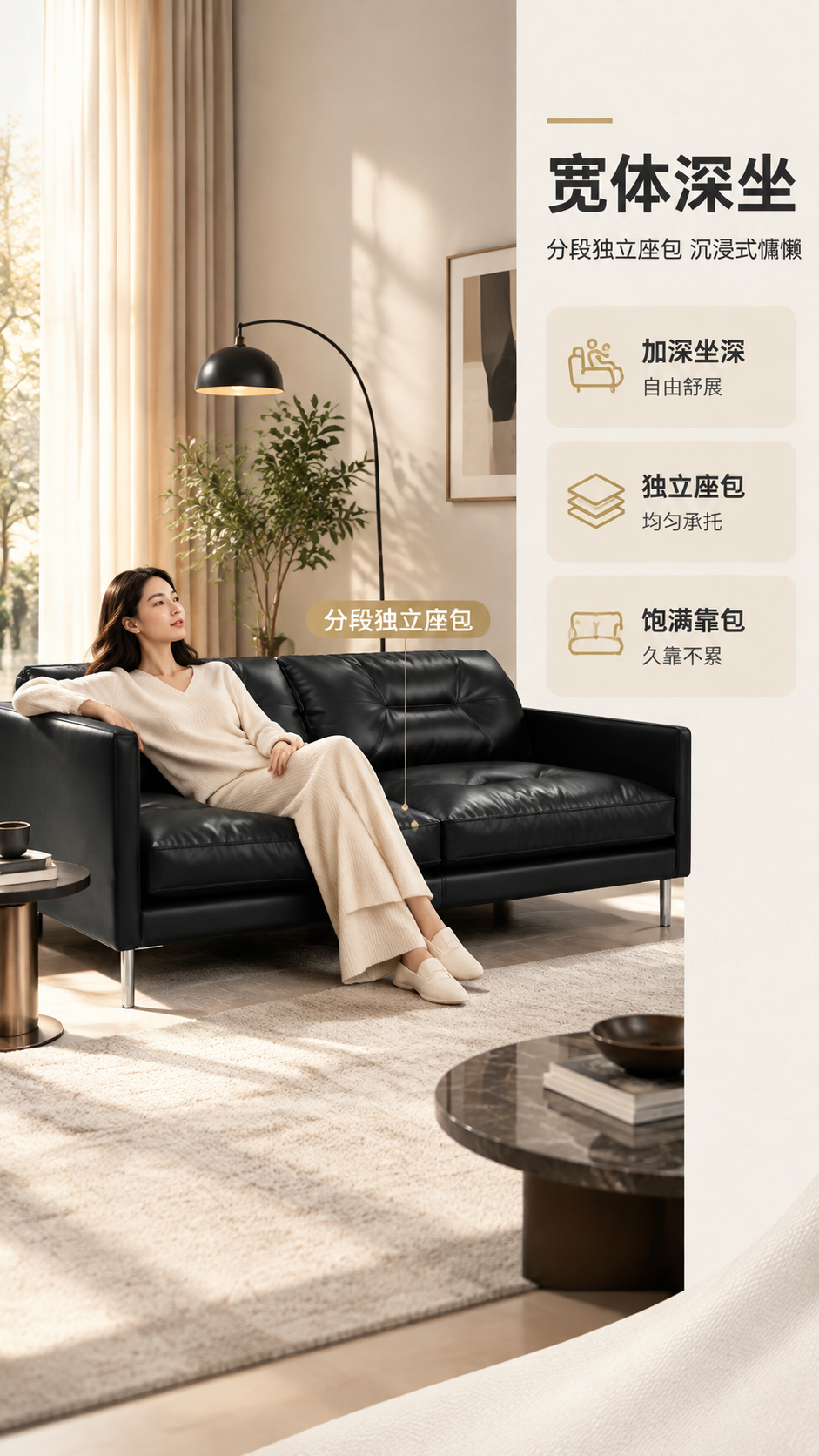 [商品] 使用【图1】S8899布鲁克林黑色真皮沙发；保留方块… - 图片创意预览