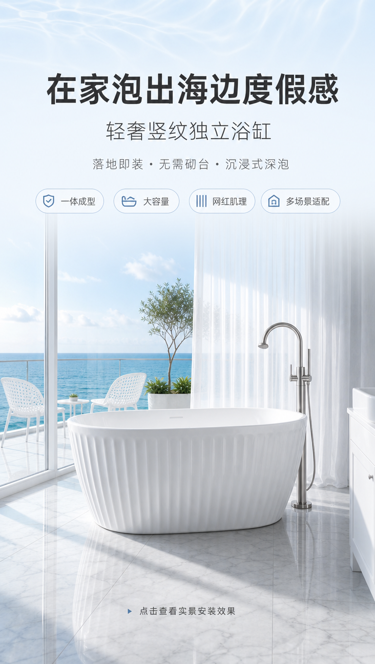 [商品] 使用【图1】澜境浮雕独立浴缸；保留白色竖纹肌理、椭圆… - 图片创意预览