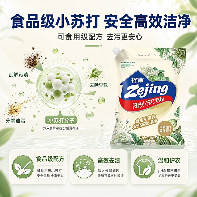 [主图-2] 择净小苏打皂粉核心功效图，展示食品级小苏打去污机理，证明安全高效洁净。
[统一基调] 整体风格洁净明亮专业，背景主色为浅米白+淡绿调，标题字色为深蓝，辅助字色为深灰，强调色为清新绿，字体为现代无衬线粗体，字号层级分明，卡片采用圆角轻阴影样式，整体通透清爽。
[画面] 产品包装袋位于画面右侧，占画面约40%，保持产品外观与原图完全一致。左侧为小苏打去污机理可视化展示：中央有放大的小苏打分子颗粒示意图，周围有污渍被分解消散的动态效果，用清新的绿色和白色粒子表现洁净力。底部有三个圆形图标卡片，分别展示"食品级配方""高效去渍""温和护衣"三个核心卖点，每个图标配简短说明。画面整体干净科技感，但不冰冷，保持家居清洁产品的温和感。
[光影质感] 商业摄影质感，主光柔和均匀，产品部分保持真实包装袋质感，机理部分采用轻盈通透的粒子效果，光影干净立体，没有厚重阴影。
[配色] 浅米白渐变背景，深蓝色主标题，清新绿作为机理粒子和强调色，深灰色辅助文字。科技蓝仅作为少量数据高亮，不覆盖主背景。
[文字版式] 顶部大标题"食品级小苏打 安全高效洁净"，副标题"可食用级配方 去污更安心"。底部三个图标卡片分别标注"食品级配方""高效去渍""温和护衣"。文字清晰，放在负空间，不遮挡产品主体。
[输出要求] 1:1正方形比例，2K高清，文字清晰可读，产品清晰不变形。负向：变形、错字、模糊、杂乱、水印、平台Logo、产品外观改变、重医药风、夸张特效、大面积冷蓝色。