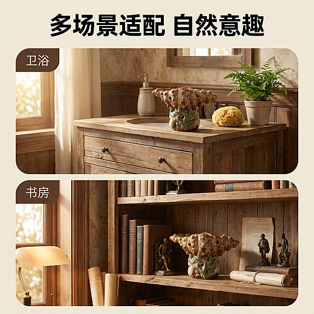 [主图 4] 复古海螺陶瓷摆件多场景搭配展示
[氛围风格] 复古自然风，休闲生活感
[画质] 商业摄影质感，光线柔和通透，产品清晰真实，画面干净高级
[元素] 画中画拼图展示两个搭配场景：上半部分展示摆件放置在卫浴洗手台，下半部分展示摆件放置在书房博古架，两张图圆角处理，保持产品在两个场景中外观、色彩与输入产品图绝对一致，杜绝任何变形和色差。整体背景复古统一，光源方向一致
[光影] 两张场景均为暖调柔和自然光，光影统一和谐，明暗过渡自然
[配色] 整体低饱和木棕色调，保持复古自然干净气质
[文字版式] 顶部居中大标题 "多场景适配 自然意趣" 黑色粗体；每个场景角落标注场景名称 "卫浴" / "书房" 小号深色文字
[比例分辨率] 1:1 比例，2k 分辨率，文字清晰锐利，超高清
[负向提示词] 变形，水印，文字错乱，产品图模糊，背景杂乱，配色刺眼，遮挡主体，光影不统一，尺寸标注，礼盒包装