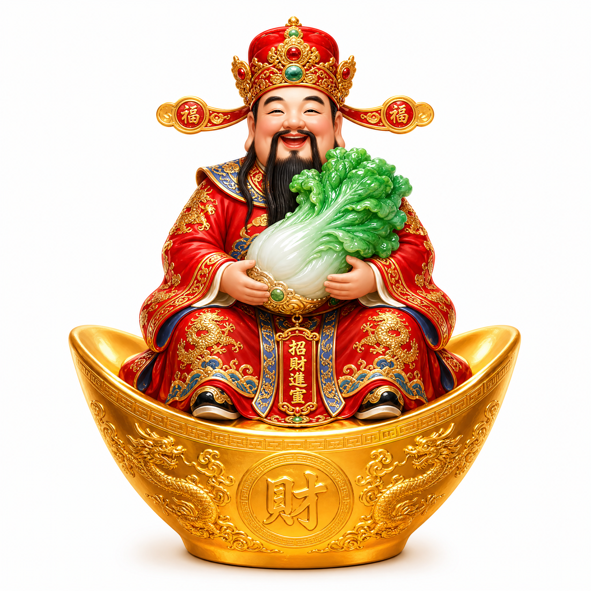 纯白色背景，中国传统财神爷身穿华丽红色锦袍、头戴官帽、面带慈祥… - 图片创意预览