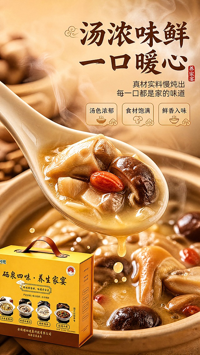 [商品] 使用【图1】礼盒置于画面左下角，占画面约15%，作为辅助露出，保留包装原貌；主体为汤品质地特写。
[画面] 目标：口感与质地特写，突出汤浓味鲜、食材饱满的食欲感。构图：大特写满版，主体是一只陶瓷汤勺从砂锅中舀起一勺浓汤，汤体浓稠挂勺，食材（菌菇/鸡块/枸杞）清晰可见，热气腾腾升腾；背景虚化的砂锅中还有更多汤品；画面右侧有蒸汽光晕；左下角露出礼盒一角与品牌；前景有几滴汤汁飞溅的动态感；整体为动作瞬间型，充满动态与食欲。
[视觉] 套系策略：风格=中式暖调养生家宴商业摄影，烟火气与品质感兼具；标题字=中式书法宋体，厚重有力；正文字=简洁黑体，清晰易读；主色=暖姜黄+深棕褐；背景延展=暖黄渐变到浅棕，搭配木质纹理与蒸汽光晕，同色系深浅层级；强调色=朱砂红，仅用于小面积标签、图标和重点文字高亮；标题色=深棕褐；正文色=暖深灰；组件=圆角米白底信息卡、细棕线引线、中式云纹点缀；光影=侧上方暖柔光，汤体有通透光泽，蒸汽有逆光轮廓光。
[文字] 右上区域主标题"汤浓味鲜 一口暖心"；副标题"真材实料慢炖出 每一口都是家的味道"；配3个口感短句标签："汤色浓郁"、"食材饱满"、"鲜香入味"；文字均横排，置于右上留白区，不遮挡汤勺与汤品主体；字号移动端可读。
[规格] 图片比例9:16竖版，4K，负向提示：避免冷蓝/冷灰背景、汤品清稀无食欲、文字遮挡主体、礼盒变形、文字竖排、极限词。