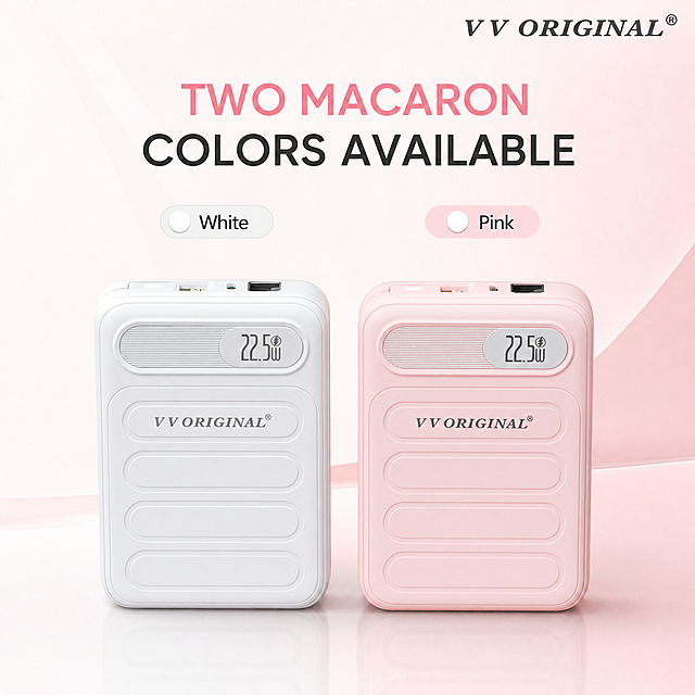 [主图-5] 22.5W power bank dual color options image. Show both white and pink two color models side by side, clear display of two optional colors. Each product keeps original appearance, VV ORIGINAL® text unchanged. VV ORIGINAL® logo with trademark symbol in the upper right corner. Add text "TWO MACARON COLORS AVAILABLE", all English, no Chinese. Clean light gradient background, balanced layout, product clear contrast. 1:1 square, 2K resolution. Negative prompt: deformation, color difference, text confusion, Chinese characters.