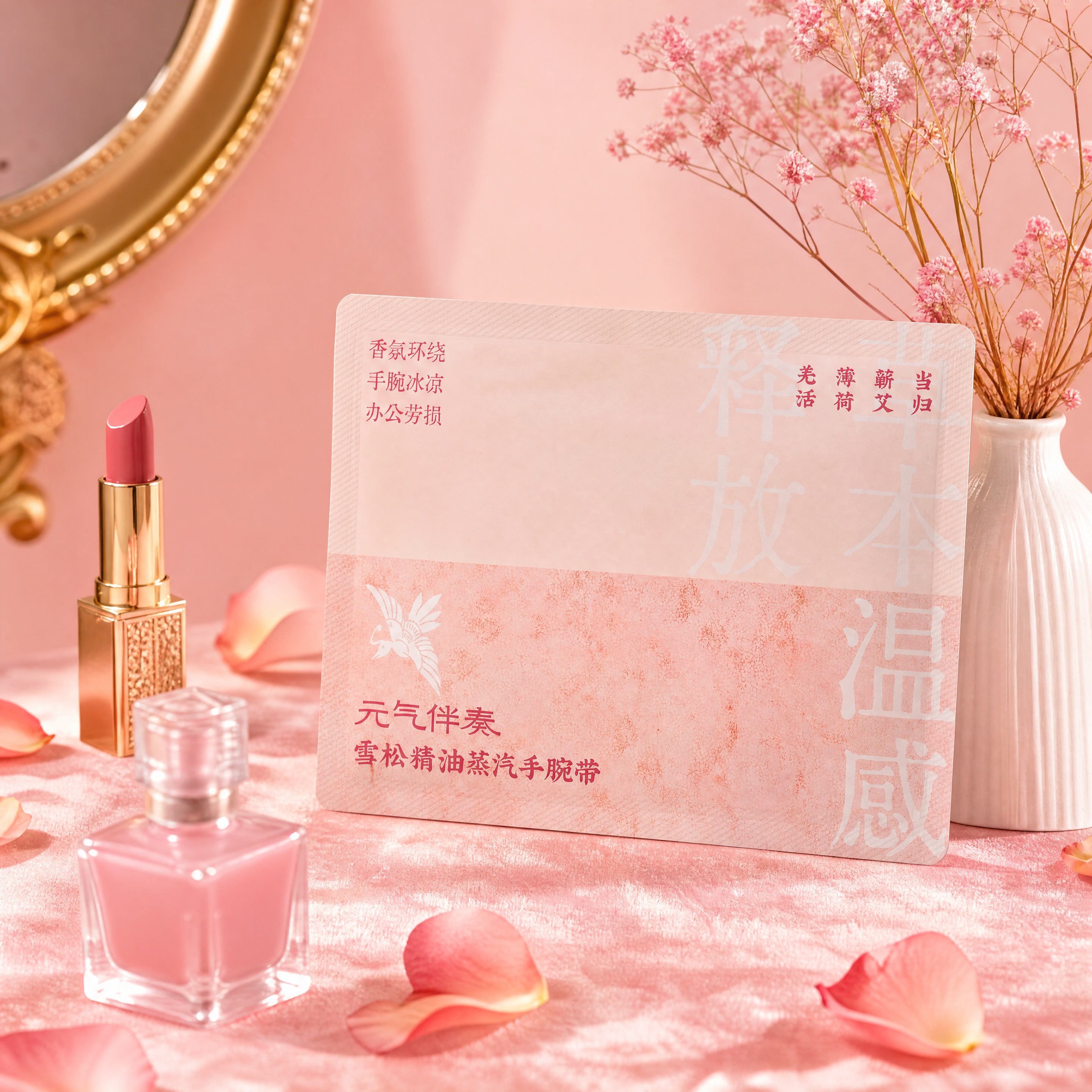 超写实商业产品摄影。 主体：元气伴奏雪松精油蒸汽手腕带单片包装… - 图片创意预览