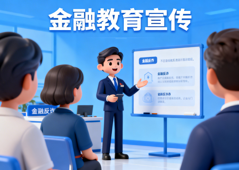 智能图像风格，横版金融教育宣传海报，顶部主标题文字为"金融教育宣传"，画面使用3D卡通形象呈现银行工作人员开展金融宣教，无真人形象，银行工作人员向群众讲解金融反诈知识，场景明亮专业，整体色调以蓝色为主预览效果