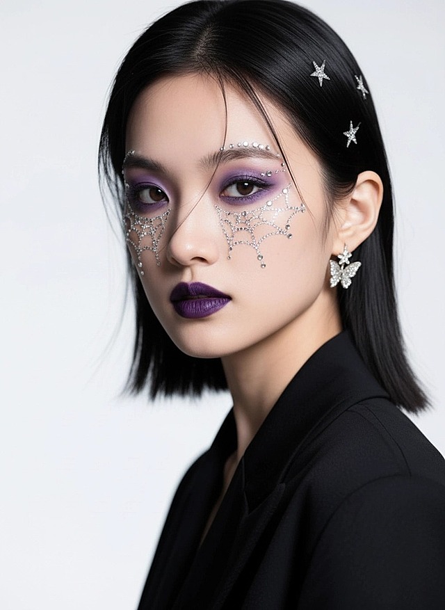 美妆博主的万圣节妆容，带有：紫灰色系眼影、眼周点缀大量银色水钻，形成蛛网图案、深紫色晕染口红；银色星星发夹、蝴蝶耳环