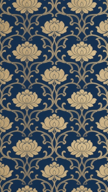 一张具有东方传统美学风格的无缝背景纹样图，纹样为精致的缠枝莲纹，线条流畅细腻，以深蓝色为底色，金色线条勾勒纹样轮廓，整体呈现出典雅庄重的氛围，纹样排列整齐有序，形成高度对称且具有节奏感的重复图案，适合用于传统服饰、包装设计或文化产品的背景装饰。预览效果