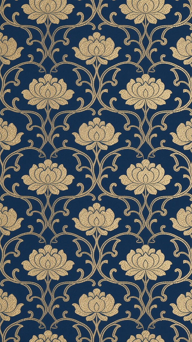 一张具有东方传统美学风格的无缝背景纹样图，纹样为精致的缠枝莲纹，线条流畅细腻，以深蓝色为底色，金色线条勾勒纹样轮廓，整体呈现出典雅庄重的氛围，纹样排列整齐有序，形成高度对称且具有节奏感的重复图案，适合用于传统服饰、包装设计或文化产品的背景装饰。
