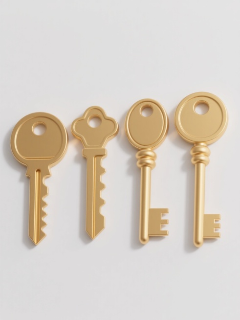 3D风格图标设计，四把不同样式的金色钥匙，每把钥匙具有独特的齿形和柄部设计，表面有光滑的金属质感和明显的高光与阴影，体现出立体感和光泽感，钥匙以整齐的阵列式排列在纯白色背景上，整体构图简洁明了，视觉层级清晰，突出钥匙主体，传达出精致、统一且有序的视觉效果。预览效果
