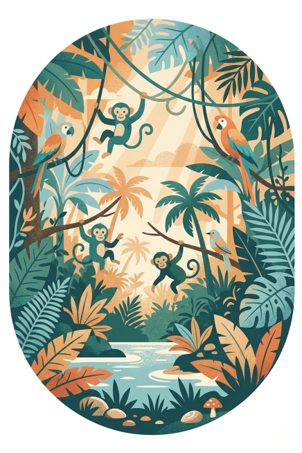 参考图是扁平化复古风格插画，配色为暖橙色、浅蓝、米白、深青，采用颗粒纹理质感，线条简洁，圆形构图。现在生成同风格同配色的热带丛林插画，画面里有茂密的热带植物、棕榈树、小猴子、彩色的热带鸟类，阳光穿过树预览效果