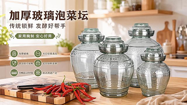 电商海报，写实商业摄影风，简约清新厨房氛围感。主标题为"加厚玻璃泡菜坛"，副标题为"传统锁鲜 发酵好帮手"，装饰文案为"家用腌制 安心好用"，卖点标签文字：加厚玻璃、大口径易清洗、食品级可接触、密封锁鲜发酵、凹槽盖头好抓取、款式用途广泛。商品主体100%还原上传商品图的产品外形、包装、印刷文字，完整保留原图中的瓶型、轮廓、结构、比例、瓶盖、材质质感、颜色与正面朝向，四个不同规格的泡菜坛都完整呈现，保持原图样貌。画面放置在原木餐桌上，旁边点缀红辣椒衬托产品，厨房温馨场景背景，顶部自然光侧前方柔光，整体通透清晰，版式精美，主次分明，文字不遮挡主体，画面比例16:9。