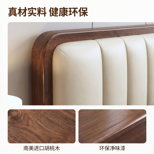 [主图 3] 胡桃木实木床材质工艺细节展示。保持胡桃木实木床的外观，包括物理结构、材质质感、深棕色实木和米白色软靠颜色，与输入产品图绝对一致，杜绝任何变形和色差，精细化处理。[氛围风格] 现代简约高级预览效果