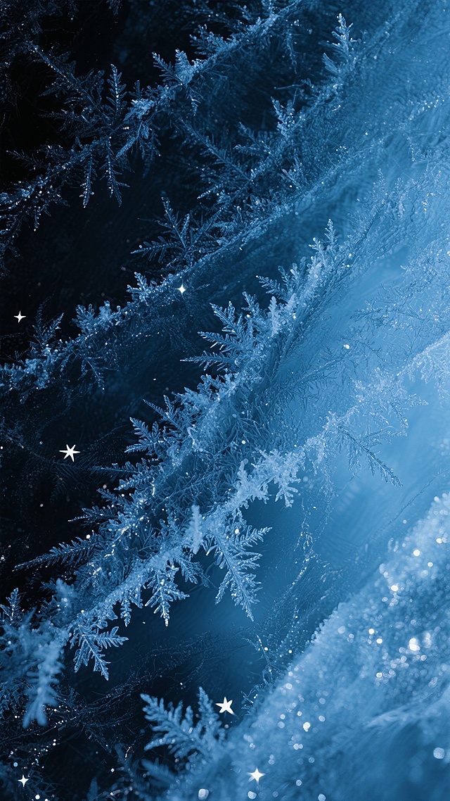 一张冰霜覆盖的纹理背景图，整体呈现出深邃的蓝黑色调，从左上角的深黑色逐渐向右下角过渡为冰蓝色。冰霜表面布满了细密的冰晶颗粒，形成粗糙而富有质感的纹理，仿佛被寒风吹拂过的结霜表面。光线在冰晶上产生微妙的散射效果，点缀着星星点点的白色高光，营造出寒冷、神秘而静谧的氛围，具有强烈的抽象质感和自然的冰霜结晶特征。