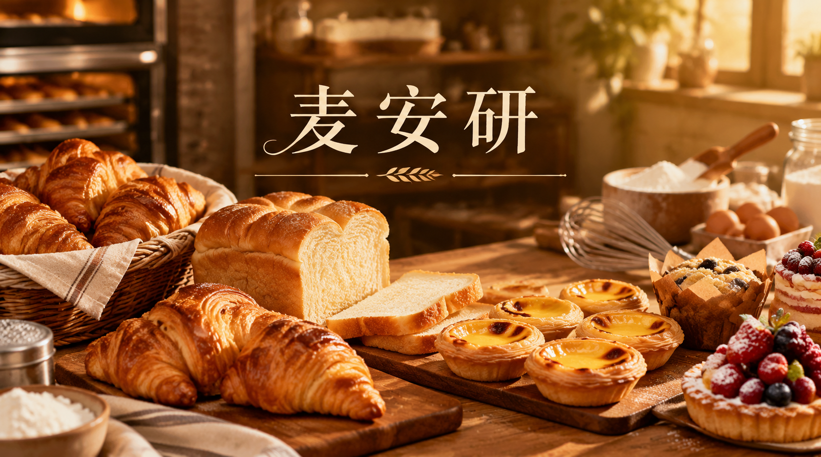 烘焙店店招设计，店名"麦安研"，写实写真风格，横版构图，画面展… - 图片创意预览