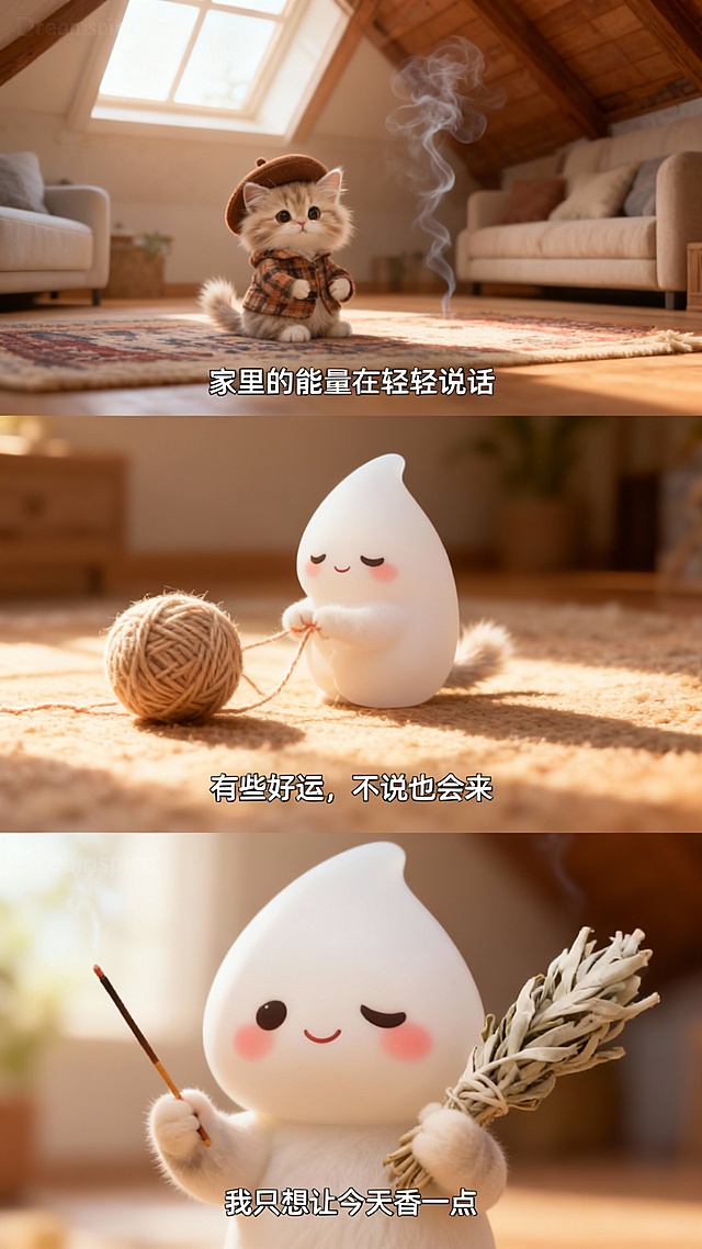 一个温暖柔和的阁楼空间，色调为浅棕与象牙白渐层，充满自然阳光。空间中有沙发、地毯，空气中飘散着轻柔的香烟雾，营造出平静疗愈的氛围。
主角是 Dreamspire 的吉祥物 —— 一只泪滴形的小灵体，脸上带着微笑与红晕，散发温暖能量，象征好运与天然香气。
画面以艺术感的横向三联幅（triptych）构图呈现，镜头柔焦、带有电影感与梦幻疗愈气息，整体符合 Dreamspire 的温柔疗愈品牌风格。

1️⃣ 上方画面：Dreamspire 小灵体静静坐在阁楼一角，微微歪着头，像是在聆听家的能量。
字幕：「家里的能量在轻轻说话 / The energy at home is whispering.」

2️⃣ 中间画面：小灵体轻轻拨弄着一团象征「好运之线」的毛线球，阳光柔和地洒在上面。
字幕：「有些好运，不说也会来 / Some good things come without words.」

3️⃣ 下方画面：特写镜头，小灵体面向镜头，手中拿着一支香与一束白鼠尾草，表情宁静而幸福。
字幕：「我只想让今天香一点 / I just want today to smell a little better.」

整体风格：暖调、疗愈、自然、柔焦、充满仪式感与温度。