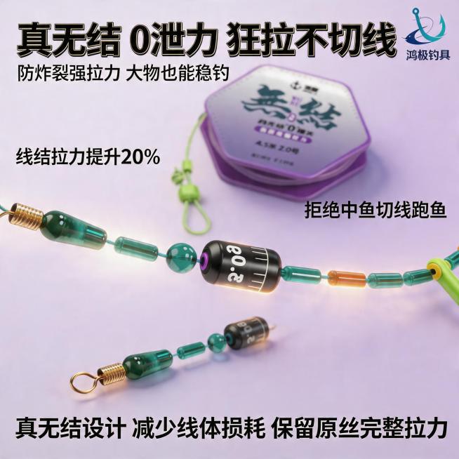 强拉力性能可视化主图，严格还原上传的产品图，包括线结设计、鱼线材质、PE加固结构等所有细节，产品尺寸比例严格保持1:1正方形画幅；超写实8K 3D动态渲染，杂志级精致排版，整体明亮通透，逆光轮廓光突出预览效果