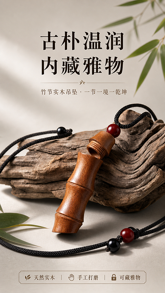 [第1张] 详情页头图-竹节木质吊坠挂饰主视觉海报。本张使用【图1】作为商品主体。
[氛围/风格] 东方禅意新中式风格，古朴温润，高级商业摄影质感，静谧雅致。
[元素布局] 竹节木坠斜置于画面中央偏下，占比约55%，倚靠风化沉木；背景为渐变浅灰，上方留白；前景散落黑色编织绳段与红黑配珠；产品保持竹节造型、实木棕色调、螺旋开口结构与输入图一致。
[光影质感] 左上方柔和侧光，右侧暗部补光，木质表面呈现温润高光与自然纹理，底部投影柔和自然。
[配色色系] 全局底色 #E8E4DE 米灰暖调；主色实木棕；辅助色沉木深褐、配珠朱红与墨黑；点缀色竹叶青绿。
[视角构图] 45°微俯视，产品为视觉中心，阅读动线从上至下。
[文字版式] 顶部居中主标题「古朴温润 内藏雅物」，宋体大字；副标题「竹节实木吊坠 · 一节一境一乾坤」，小字居下；底部左侧信息条「天然实木 | 手工打磨 | 可藏雅物」；文字不遮挡产品主体。
[比例分辨率] 9:16 竖版比例，1K分辨率，文字清晰可辨，高清画质。
[负向提示词] 产品变形，结构错误，颜色偏差，水印，文字错乱，文字过小，背景杂乱，包装元素。