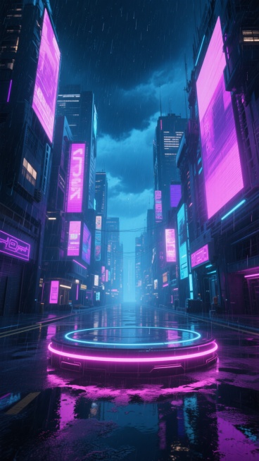 3D渲染风格的赛博朋克游戏场景，雨夜中的未来城市，深蓝色夜空下乌云密布，雨滴密集落下在地面形成反光，两侧高耸的摩天大楼布满巨大的霓虹招牌和显示屏，以粉色、紫色和蓝色为主色调，中央是一个圆形的发光平台，平台边缘有粉色霓虹灯带，地面湿润反光强烈，建筑间的街道向远处延伸，整体氛围神秘而充满科技感，光影对比鲜明，细节丰富，具有强烈的未来都市既视感。预览效果