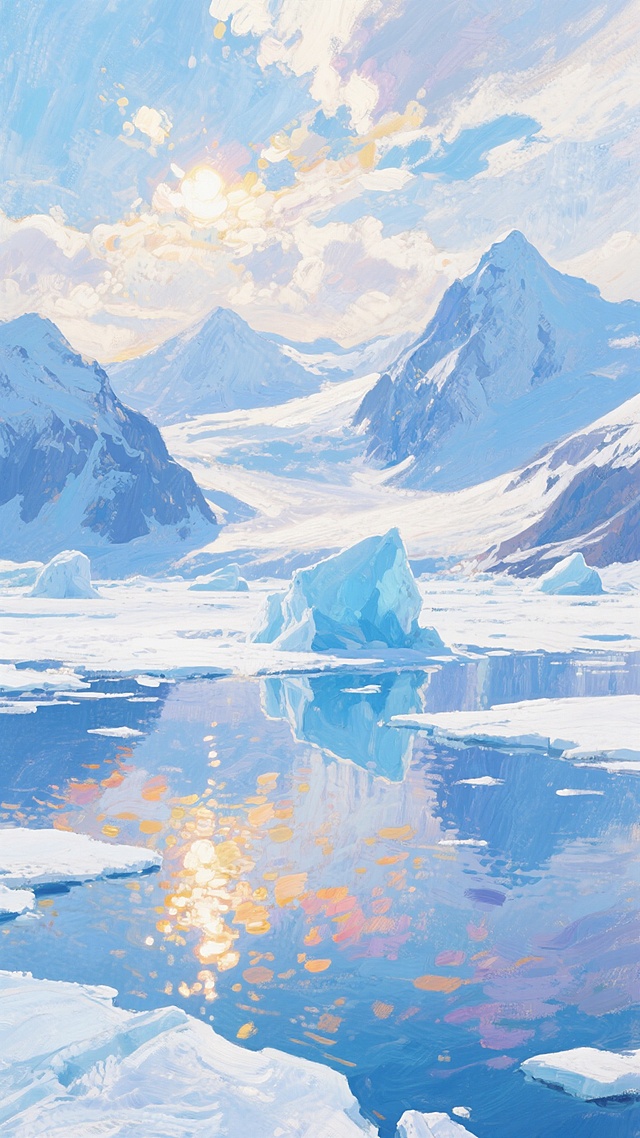 印象派风格描绘的极地冰川景观，画面以蓝白为主色调，运用短而松散的笔触和丰富的色彩变化来表现冰面的质感和光影的跳跃，远处的雪山轮廓朦胧柔和，天空中点缀着几笔轻快的云彩，阳光透过云层洒在冰面上，形成斑驳的光斑和温暖的色调，水面平静如镜，倒映着冰山和天空的色彩，整体营造出宁静而壮丽的氛围，充满了光影的变幻和色彩的韵律感。