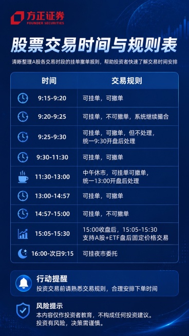 生成一张9:16竖版金融投教知识卡片海报，纯净无水印、无手机状态栏、无边框。
主题：A股股票交易时间与规则科普
视觉流派：科技极简
标题：股票交易时间与规则表
概念解释：清晰整理A股各交易时段的挂单撤预览效果