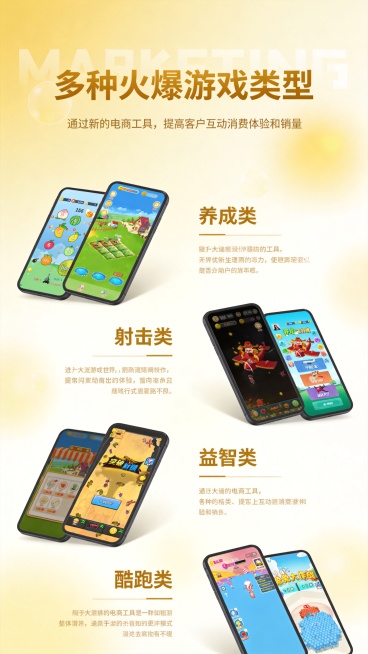 生成一张商用宣传设计图，背景为纯净的浅香槟金到米白的平滑渐变背景，带有半透明的浅金色英文单词水印“MARKETING”，低调不突兀，整体点缀柔和的暖黄色光晕与通透光效，营造明亮温暖的质感。
整体排版参预览效果