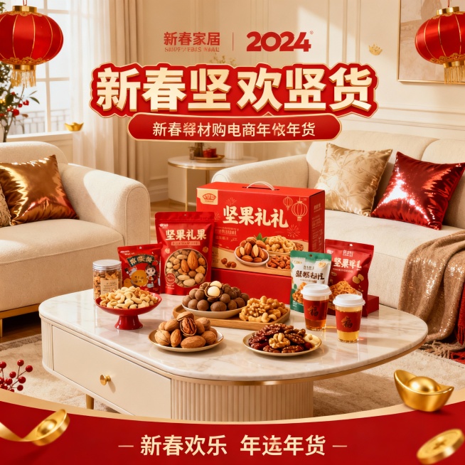 电商主题海报，纯画面图，不需要添加文字；核心元素：年货组合（坚果礼盒、零食包装、饮品）、背景，春节氛围下的奶油风客厅内茶几上摆放着年货组合；背景奶油风室内客厅。构图：年货组合居画面中央作视觉焦点，突出预览效果