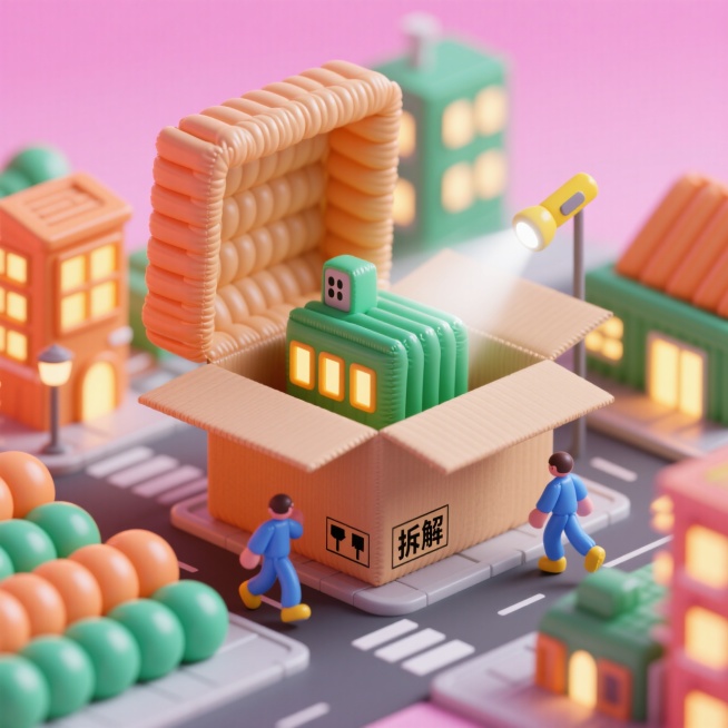 微缩3D场景，放大的打开快递箱化作灯火通明城市，瓦楞纸褶皱模拟城市梯田与街道，其中消费者小人影穿梭，正“拆解”代表新商品的微小“建筑”。手机手电筒光如探照灯，为“箱中城”营造亮灯仪式感，突出庆典氛围与预览效果