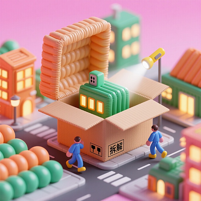 软3D风格微缩城市，充气质感建筑从纸箱中“拆解”而出，搭配卡通人物与梦幻灯光，营造趣味十足的可爱场景。