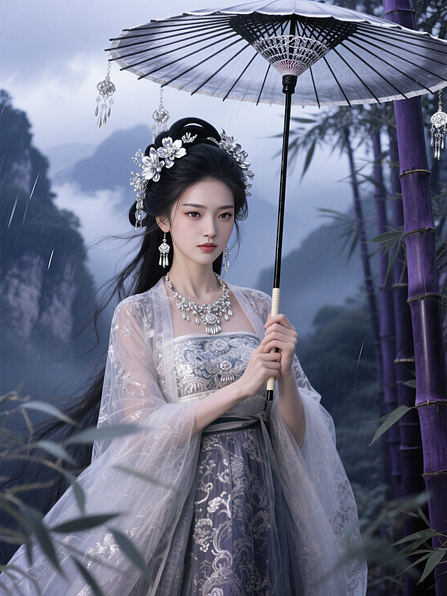 在充滿神秘氣氛的古代建築場景中,身著華麗傳統服飾的東方女性是核心主題。全身,全身肖像照片,超低角度廣角透視。她有一頭凌亂的黑髮,太陽穴兩側有長髮,頭上戴著銀色的花朵和精緻的銀色髮飾,還有複雜而精緻的銀色項鍊、耳環等配件。紗線編織的異國服裝,長袍圖案精緻,光澤,裙子由華麗圖案歐根紗製成。右手握著一把銀邊華麗的黑色金屬油紙大傘,傘邊飾有銀色金屬吊墜裝飾,姿勢優雅,緊張神秘,眼睛美麗,低頭看著鏡頭。背景 巫山雲雨深處,有紫黑竹林、紫黑竹林,前景有飛竹葉、模糊竹子。光線營造出安靜而美妙的氛圍,畫面美麗而朦朧。溫柔、優雅、三維的臉部特徵,淺笑,高清晰度,仙女般,冷漠,正面中景。紋理、金屬紋理、光影層和環境氛圍的精緻描繪。臉部肌膚細膩瓷器,涼爽柔和的光線。涼爽、孤獨、藍紫色調。比例16:9，