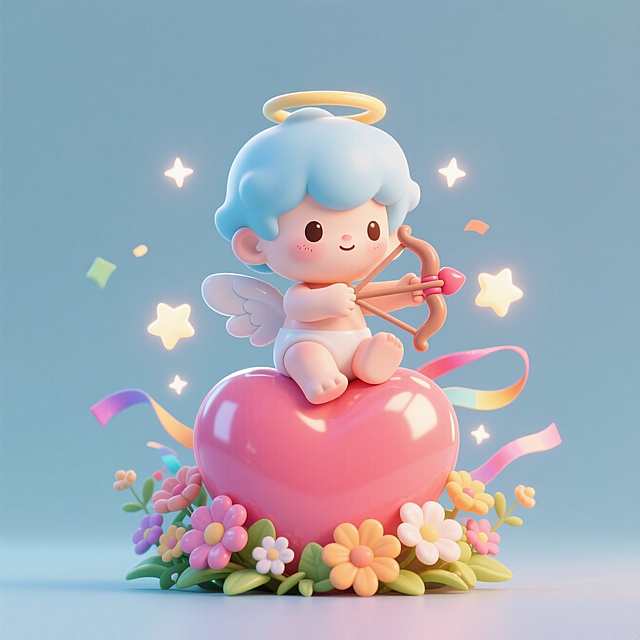 坐在爱心上射箭的丘比特，装饰元素包含不限于星星、彩带、鲜花等，元素居中，背景纯色，卡通可爱感3D玩偶 名字“希达”