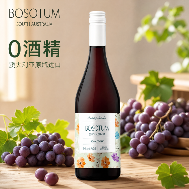 [主图-1] 产品全貌展示-进口无酒精葡萄汁点击率首图。
[氛围风格] 清新自然高级商业风；
[画质] 商业摄影质感、光线柔和通透、产品清晰真实、画面干净高级。
[元素] 产品瓶身居中放置，瓶身标签完预览效果