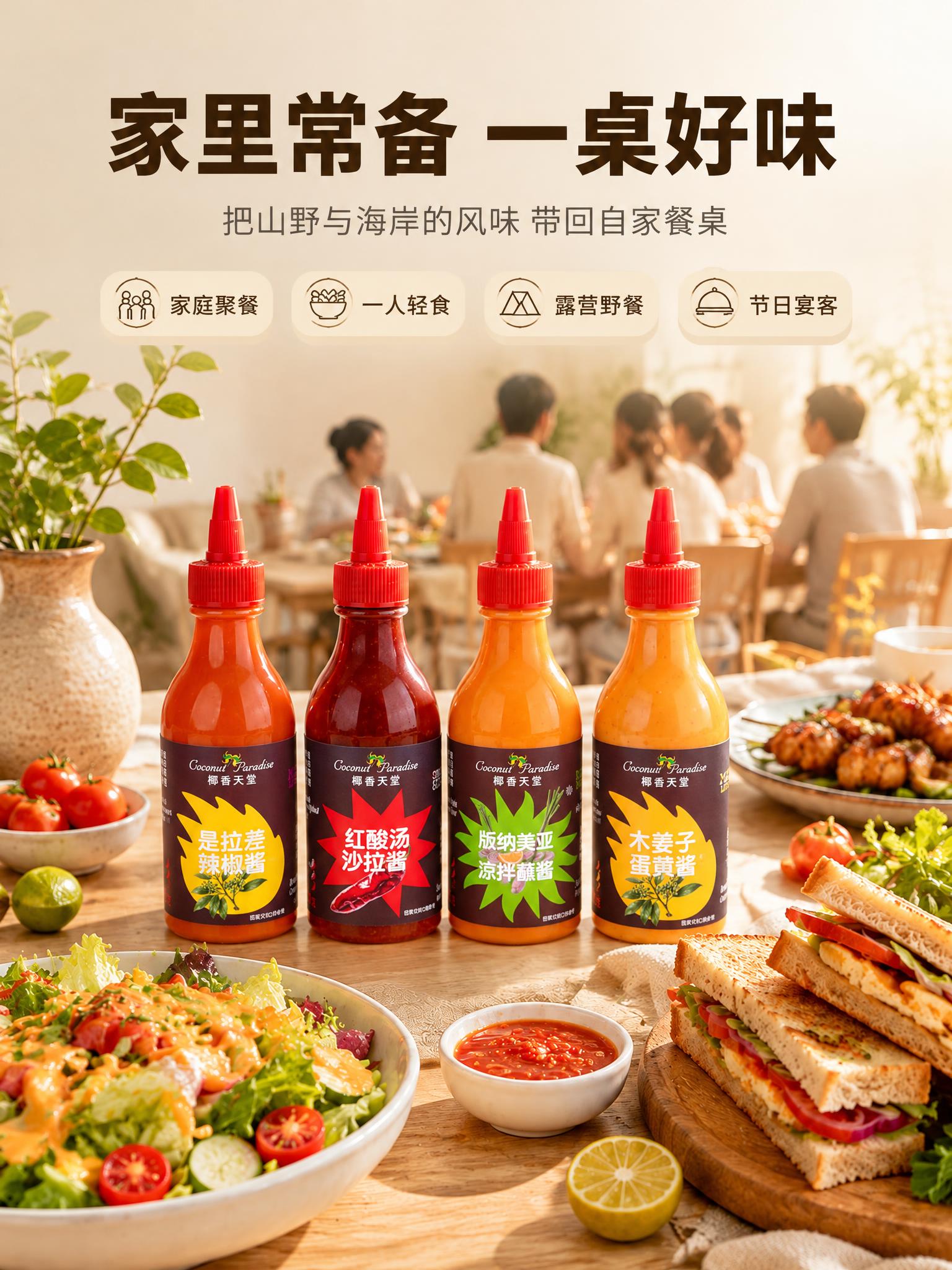 将图中四瓶酱料的瓶身标签从左到右依次替换为：是拉差辣椒酱、红酸… - 图片创意预览