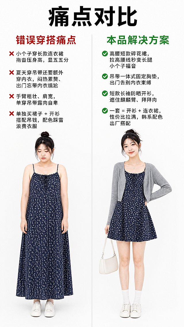 [第2屏] 小个子穿搭痛点对比屏，灰色开衫藏蓝碎花吊带两件套。
[氛围/风格] 清晰对比版式，干净清爽，信息层级分明，商业设计感。
[元素布局] 页面左右分屏对比，左半屏错误穿搭痛点，右半屏本品解决方案。左右各占约一半宽度，顶部为通栏大标题。保持产品本身颜色、材质、结构和输入图一致。
[光影质感] 均匀柔和布光，左右明暗一致，文字和产品都清晰可读，无大面积死黑或过曝。
[配色色系] 全局底色：#FAFAFA（浅灰白）；主体配色：产品和原图颜色保持一致；辅助色：红色标注痛点，绿色标注优势，黑色正文文字。
[视角构图] 左右分栏对比构图，竖向9:16，顶部通栏大标题，左图左侧痛点文案+错误穿搭效果示意图，右图右侧解决方案文案+本品上身效果展示，左右图文对应，对比清晰。
[文字版式] 顶部通栏居中大标题："痛点对比"，黑色加粗；左栏顶部红色标题："错误穿搭痛点"，下方四个痛点文案：❌小个子穿长款连衣裙拖沓压身高，显五五分 ❌夏天穿吊带还要额外穿内衣，闷热累赘、出门忘带内衣尴尬 ❌手臂粗壮、肩宽，单穿吊带露肉自卑 ❌单独买裙子 + 开衫搭配费钱，配色踩雷浪费衣服，红色叉号搭配黑色文字，分行排列；右栏顶部绿色标题："本品解决方案"，下方四个对应解决方案：✅高腰短款碎花裙，拉高腰线秒变长腿小个子福音 ✅吊带一体式固定胸垫，出门告别内衣束缚 ✅短款长袖防晒开衫，遮住麒麟臂、拜拜肉 ✅一套 = 开衫 + 连衣裙，性价比拉满，韩系配色出厂搭配，绿色对勾搭配黑色文字，分行排列；文字排版整齐，不遮挡产品主体。
[比例分辨率] 9:16竖版比例，4K分辨率，文字清晰可辨，超高清。
[负向提示词] 产品变形，颜色偏差，文字模糊，文案错乱，左右排版不对称，背景杂乱，水印，结构错误