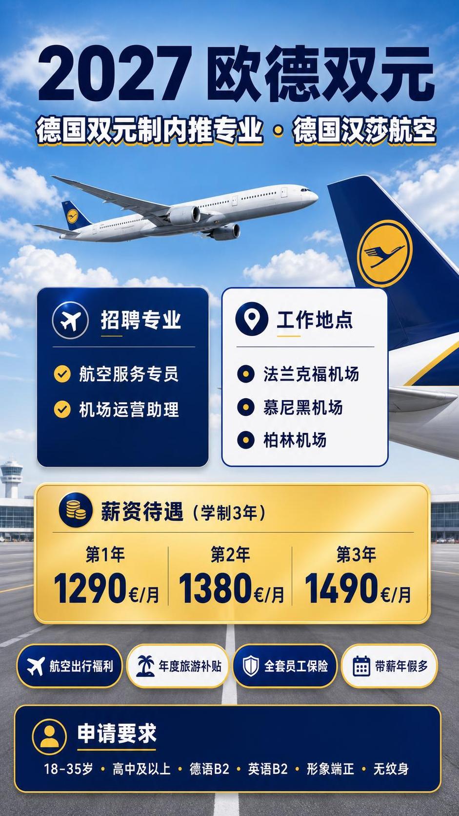 德国招聘海报，竖版9:16，专业商务航空风格，蓝白黄配色（汉莎… - 图片创意预览