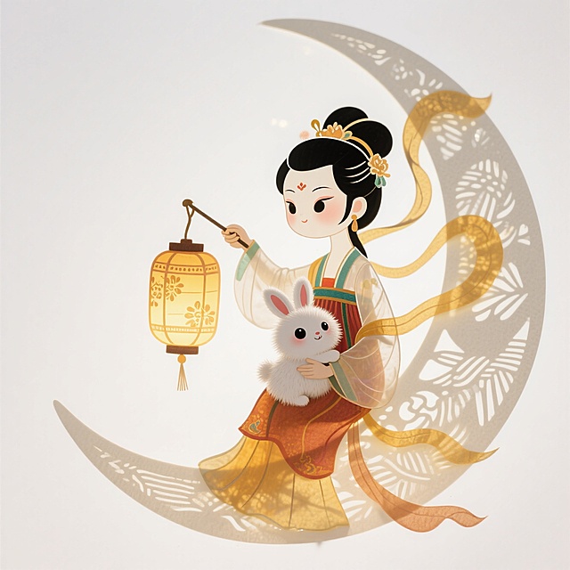 Q版风格：嫦娥（提着灯笼）抱着白兔坐在月亮上，白色背景，完整展示
