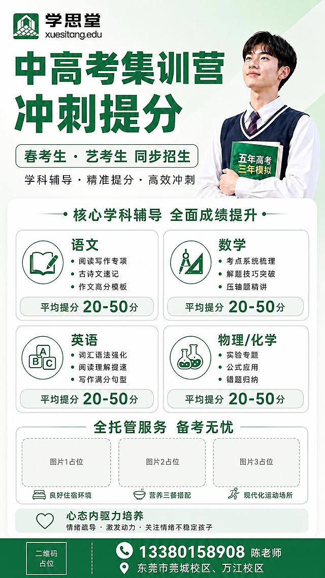 修改全托管服务板块的布局：
1. 将全托管板块整体高度增加，为三个项目分别预留图片展示位
2. 良好住宿环境：上方预留一个矩形图片框占位（标注"图片1占位"），下方保留"良好住宿环境"文字和图标，图标可缩小或移除，以图片框为主
3. 营养三餐搭配：上方预留一个矩形图片框占位（标注"图片2占位"），下方保留"营养三餐搭配"文字
4. 现代化运动场所：上方预留一个矩形图片框占位（标注"图片3占位"），下方保留"现代化运动场所"文字
5. 三个图片框大小一致，横向等距排列，圆角矩形，浅灰色边框或淡绿色虚线边框，表示待填充图片区域
6. 全托管板块标题"全托管服务 备考无忧"保持在顶部不变
7. 其余所有内容（学科辅导区、心态培养区、底部联系方式、人物、背景等）均保持不变
8. 整体布局协调，图片框比例约为4:3或接近方形，方便后续放入实景照片

画面中所有数字必须精确渲染，不得错位、遗漏或编造。
画面中二维码区域保持纯色方块占位符，标注"二维码占位"文字。